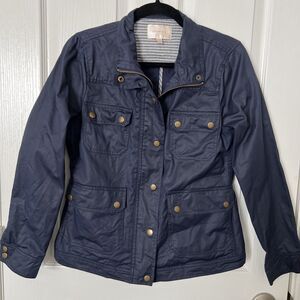 Skies Are Blue Coated Canvas Field Jacket Pockets Women's Medium Navy Blue Snap